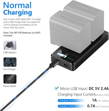 Зарядний пристрій NEEWER Dual USB для акумуляторів Sony NP-F серії (F970, F960, F950, F930, F770, F750, F570, F550) з LCD-дисплеєм, швидка зарядка, 2 канали