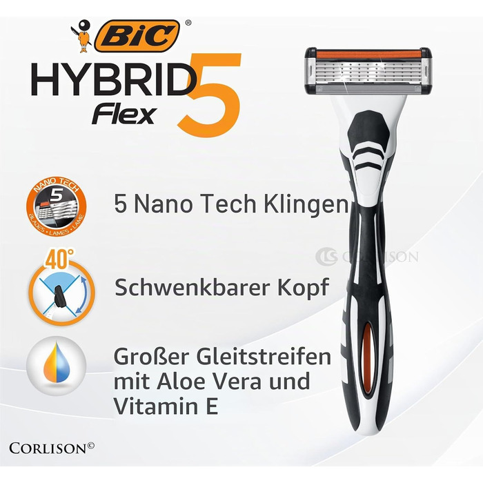 Чоловіча бритва BIC Hybrid 5 Flex, вологий гоління, 10 змінних касет по 5 лез, з алое вера та вітаміном E, з тримером для точного гоління