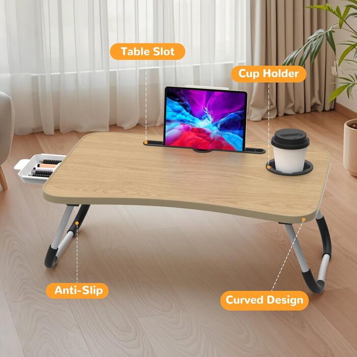 Стіл для ноутбука в ліжко Huracan: регульований, з підстаканником та ящиком (60x40 см, чорний)