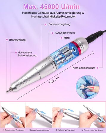 Електричний фрезер для нігтів CozyZen Professional: набір для манікюру та педикюру з LCD-дисплеєм, 45000 об/хв, для акрилу та гелю