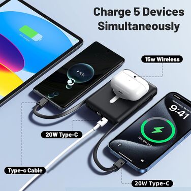 Power Bank Azmuth для iPhone з MagSafe, 10000mAh, бездротова зарядка, LED дисплей, білий/чорний