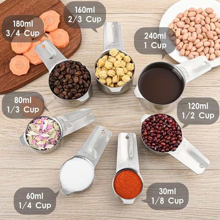 Generic stainless steel measuring cups and spoons, 18/8 (304), silver, 17-piece set, 240 ml, including 7 measuring cups and 9 spoons, plus a leveler and rings.