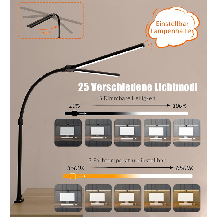LED лампа для столу Doppelkopf з регулюванням яскравості, 24W, 80см, для дому/офісу, денне світло, лампа сови, кріпиться на стіл (чорний)