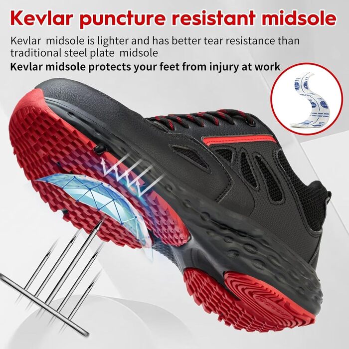 Черевики робочі ISOOUS для чоловіків та жінок. Безпекові черевики, легкі, з пластиковим носком, дихаючі, антиковзкі, модель снікерс, для кухні, спортивні, 48 EU, чорно-червоні