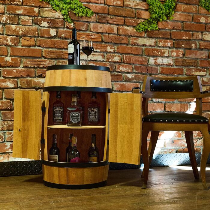 Wine Barrel Stand with Door - Alcohol Cabinet, Bottle Shelf, Wooden Shelves - Wine Barrel - Barrel Furniture - Wine Rack - Wine Rack - Wine Bar - Barrel Bar with Door - Barrel Bar Minibar 80cm High (Oak)