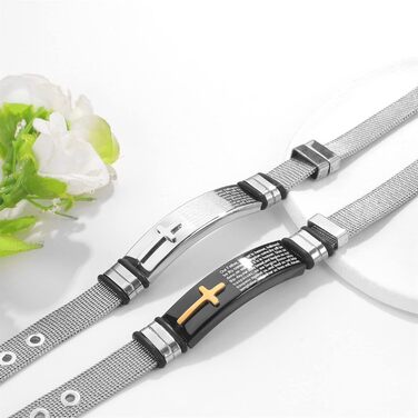 Чоловічий браслет JewelryWe з хрестом, сітчаста ланцюгова модель, нержавіюча сталь, гума, регульований розмір, чорний/золотий/срібний, безкоштовна гравіювання (2x Біблія)