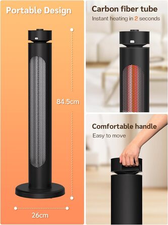 Інфрачервовий обігрівач 1500W для тераси та вулиці: 8 режимів, осциляція 75°, IP65, з пультом та таймером, чорний