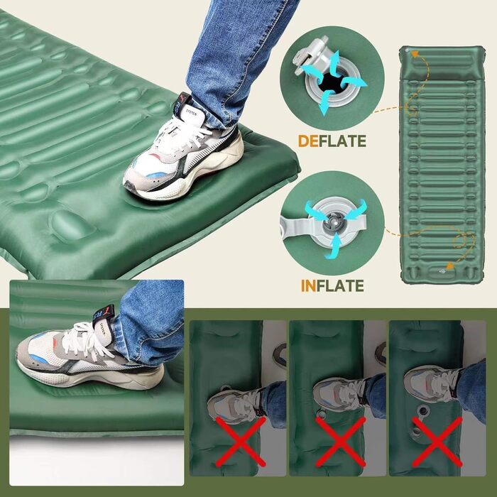 BLUEVER Self-Inflating Camping Mat with Foot Pump, 14cm Thickened Sleeping Pad with Pillow for Hiking, Tent, Outdoor, Beach, Travel - Green