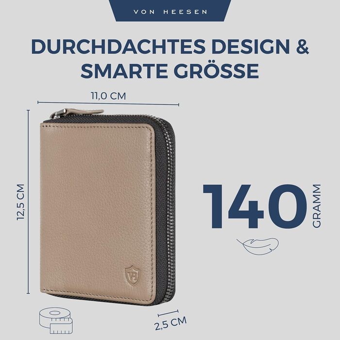 Гаманець VON HEESEN з натуральної шкіри з RFID-захистом, з монетницею, для чоловіків і жінок, колір таупе