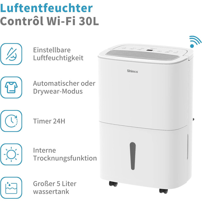 SHINCO 30L Електричний осушувач повітря з Wi-Fi, 105 м³, 5L бак, таймер, фільтр, безперервний злив (SDZ1-30D-M)