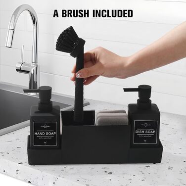 Dish Soap and Hand Soap Dispenser Kitchen Set with Sponge Holder and Brush, Dish Soap Dispenser Kitchen Black, Soap and Dish Soap Dispenser Set Kitchen Gadget Sink Organizer with Soap Dispenser (Black, 4 in 1)