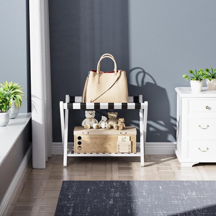 SMIBUY Luggage Rack, Folding Bamboo Suitcase Stand with Storage Shelves for Guest Room, Bedroom, Hotel, Heavy Duty (White)