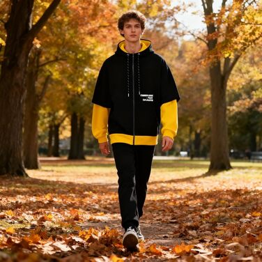 Чоловіча толстовка з капюшоном RUIZEHONG з блискавкою, спортивна куртка, блоковий колір, повсякденний стиль, з кишенями, біло-чорна (чорно-жовта, L)