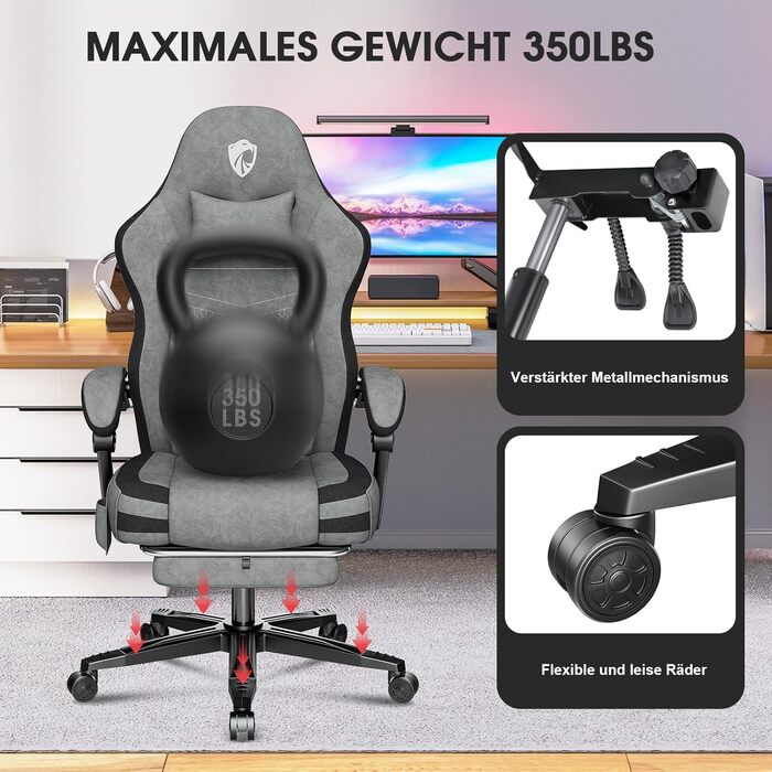 Крісло геймерське Douxlife з масажем, розширене сидіння, ергономічне, для офісу та дому, 158 кг, сірий (світло-сірий)