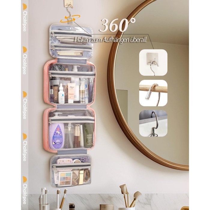 Чоловіча/Жіноча дорожня косметичка для підвішування – водонепроникна косметичка з прозорим вікном, легка, рожева, середнього розміру (30x23x10 см)