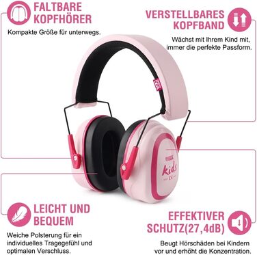 Навушники для захисту від шуму GREEN DEVIL для дітей 3-16 років (SNR27.4) - комфортні, складні, рожеві