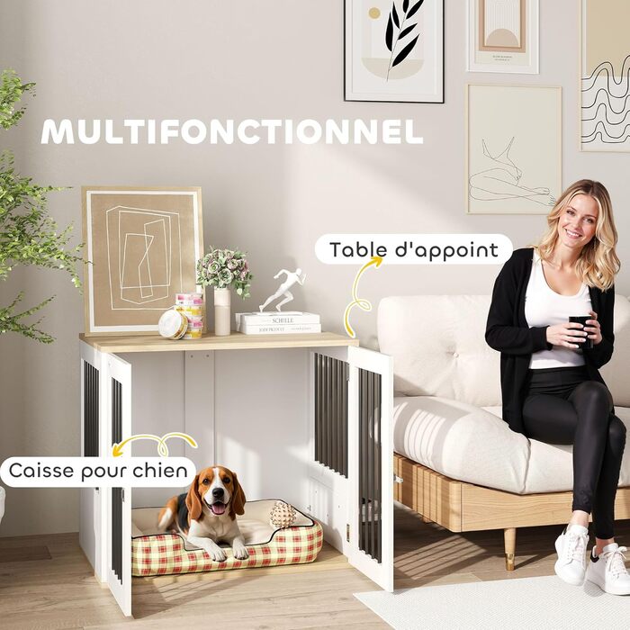 Клітка для собак Pawhut з приставним столиком, біла, для середніх собак, з поворотними годівницями