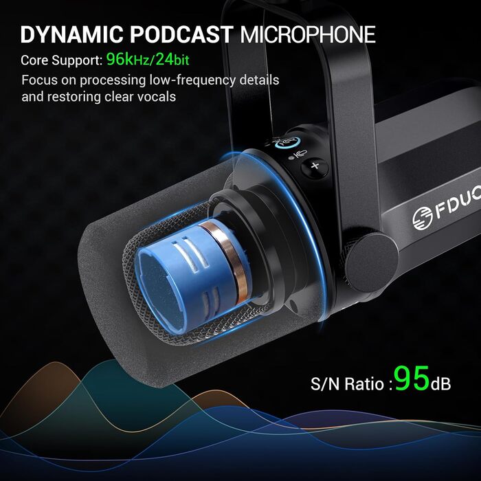 FDUCE SL40+ – динамічний мікрофон для подкастів, геймінгу та стрімінгу, USB/XLR, з кріпленням-жабою, вихід для навушників, кнопка вимкнення мікрофона, регулювання чутливості, чорний