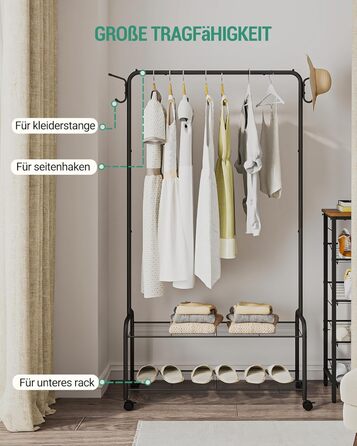 Clothes Rack with 2-Tier Shelf, 3-in-1 Design, Clothes Stand with 4 Wheels, Coat Rack with 4 Hooks for Bags, GR07499A (Black)
