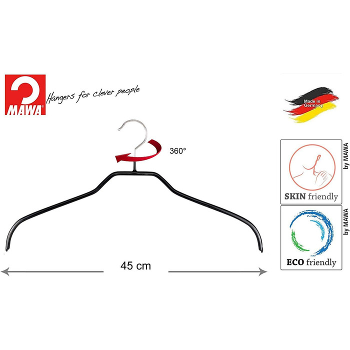 MAWA Clothes Hangers, Set of 10 Space-Saving and Non-Slip Hangers, Ideal for Shirts and Blouses, with 360° Swivel Hook, Non-Slip Coating, 45 cm, Black