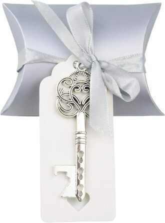 Makhry 50 Pcs Vintage Key Bottle Openers Wedding Key Skeleton Key Bottle Openers Wedding Favors Set with Pillow Boxes and Tag (Antique Silver)