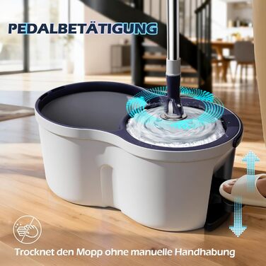 Набір для миття підлоги з відром, мікрофібра, набір мікрофібрових моп-головок, 2 в 1 відро для миття з мопом та педаллю, моп з функцією віджиму для всіх типів підлог. Колір: сірий + темно-синій