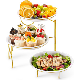Lifewit 3-Tier Serving Tray, Round Serving Plates, White Reusable Food Trays with Display Stand for Buffets, Snacks, Vegetables, Fruit, Cookies, Dessert, Party Supplies, Gold