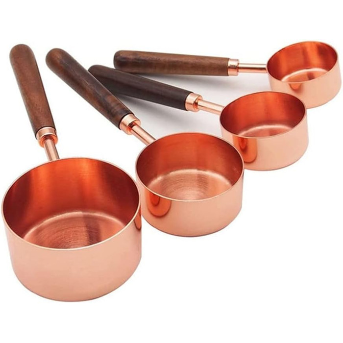 FBHappiness 4-Piece Stainless Steel Measuring Spoon Set with Walnut Handle, Copper Measuring Cup Set for Baking and Cooking
