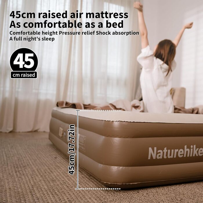 Надувний матрац Naturehike для кемпінгу та дому (190x100x45 см), самонадувний, з акумуляторним насосом, для 1 особи, коричневий