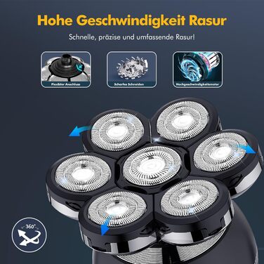 Електричний гоління для чоловіків ETENTOUS Glatzen Rasierer - 7D, 6-в-1, для гоління голови, бороди, носа, IPX7, чорний