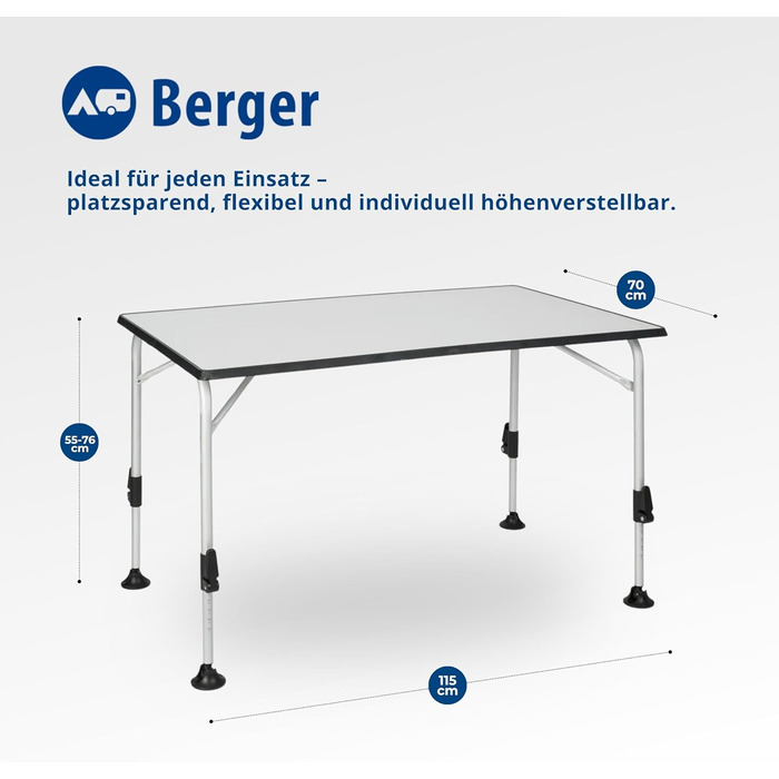 Стіл кемпінговий розкладний BERGER Ivalo 2, 115x70 см, алюмінієвий, регульована висота, для саду, балкону, тераси, сірий