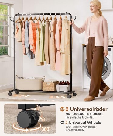 Стійка для одягу на колесах Yorbay: міцна металева вішалка з полицею для багажу. Компактна вішалка для спальні, пральні, магазину (Чорний, 117.5 см)