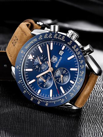 Годинник чоловічий Benyar Chronograph з кварцовим механізмом, аналоговий, з шкіряним ремінцем. Стильний дизайн для бізнесу, спорту та повсякденного носіння. Водостійкий (30M). Елегантний подарунок для чоловіків. Колір: блакитний
