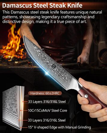 XINZUO Damascus Chef's Knife Set - 67 Layer High Carbon Steel, Professional Gyuto Knife with Rosewood Handle (5-Piece Steak Knife Set)