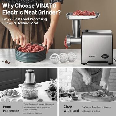Електричний м'ясоподрібнювач VINATO Fleischwolf CompactPower з насадкою для ковбас, 3 диски з нержавіючої сталі (3, 5, 7 мм), стопер, насадка для кебабу чорного кольору