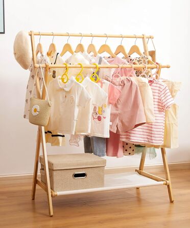 Дитяча вішалка для одягу Yorbay з бамбука, регульована подвійна штанга, з полицями для зберігання, економія місця, натуральний колір