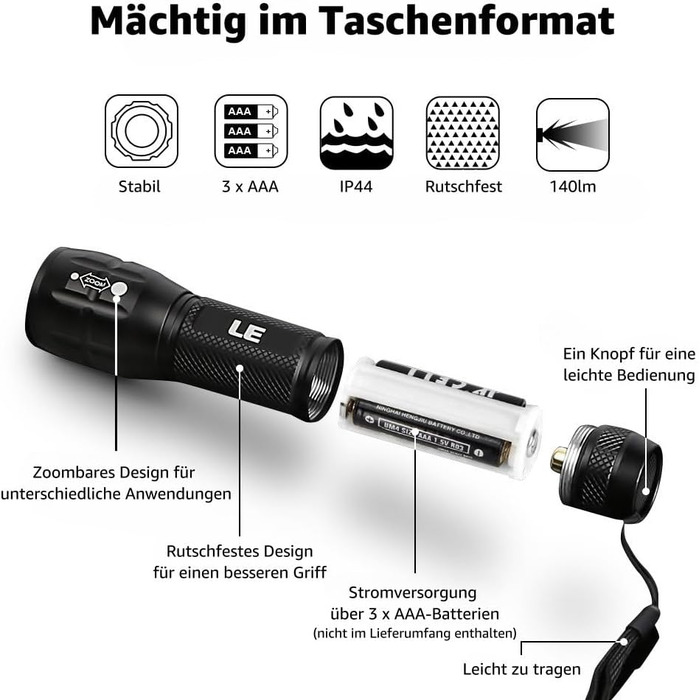 LED ліхтарик Lighting EVER LE - компактний, яскравий, з регулюванням фокусу. Водонепроникний ліхтарик для кемпінгу, відпочинку на природі та надзвичайних ситуацій (2 шт.) Чорний