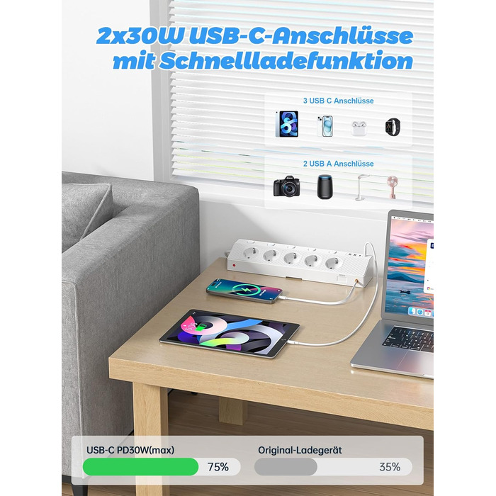 Мережевий адаптер PASSUS 5-fach з 2 USB-C (PD 30W), захист від перенапруги, індивідуальне вмикання, 10-в-1, кабель 2м, чорний