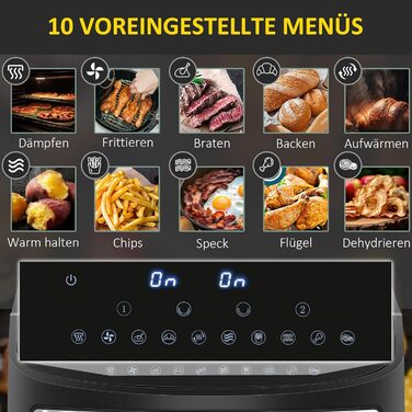HOMCOM 8L Hot Air Fryer with Double Chamber, Air Fryer with 10 Programs, 2400W Air Fryer with Touchscreen, Recipe Book, Oil-Free, Black