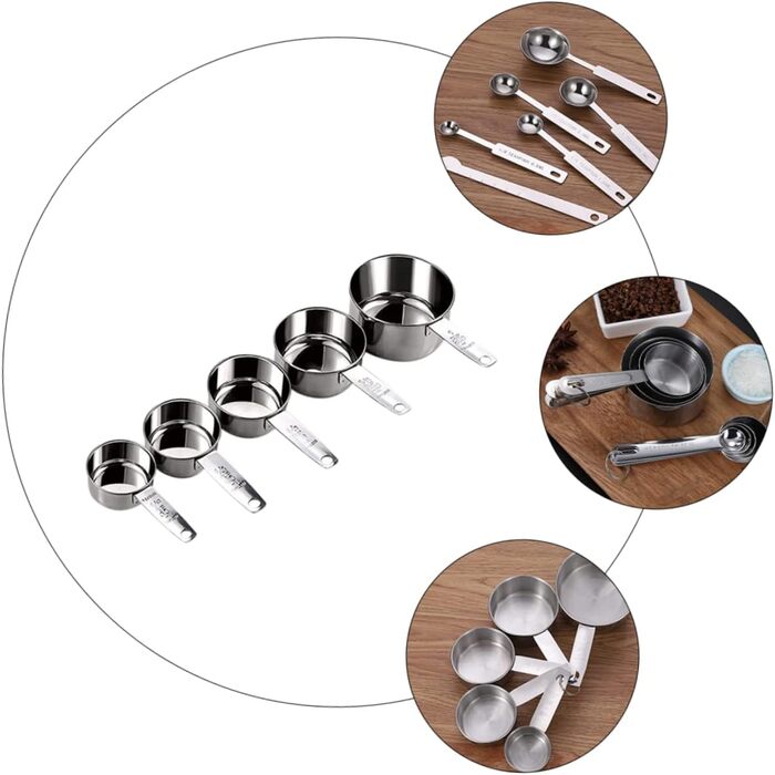 2 Measuring spoons, baking, kitchen machine, cookware, kitchenware, cookrings, saucer, kitchen scales, measuring cup, measuring spoons (scaled, graduated), stainless steel, silver.