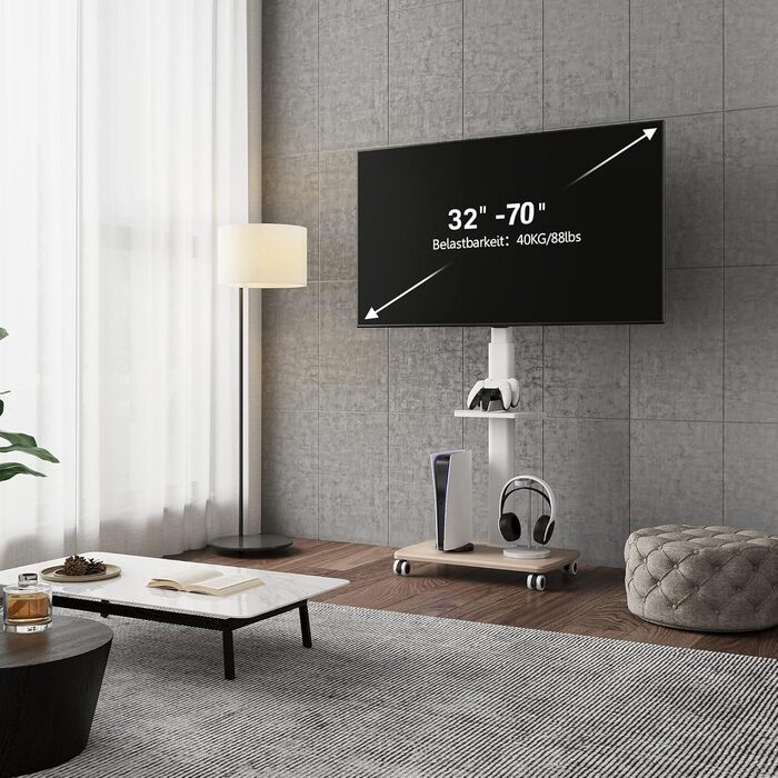 FITUEYES Rolling TV Stand with Wood Shelf - Adjustable Height & Swivel - Fits 32-70 inch TVs up to 40kg, VESA 400x600 - White