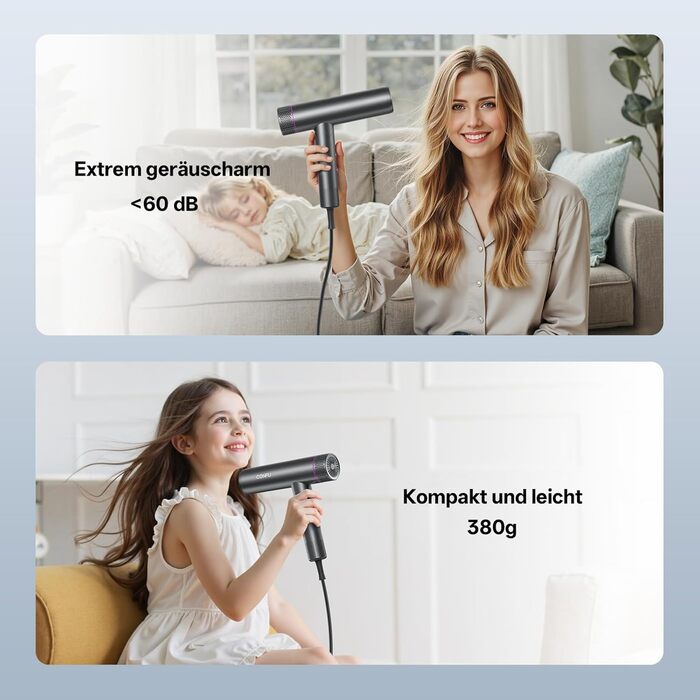 CONFU Professional Ionic Hair Dryer - 1700W Foldable Salon Hair Dryer with Diffuser & Styling Nozzle - Quiet, Long Cord for Home, Salon & Travel