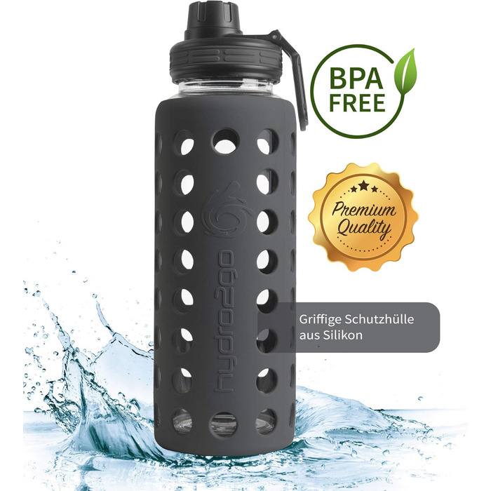 Скляна пляшка для води з силіконовим чохлом Onyx Black 950 мл, герметична, BPA-free, придатна для миття в посудомийній машині, 2 змінні кришки, для офісу, спорту, фітнесу та йоги
