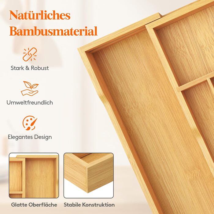 Органайзер для столових приборів Lifewit для шухляд 43 см, дерев'яний, розширюваний (31-53 см), бежевий