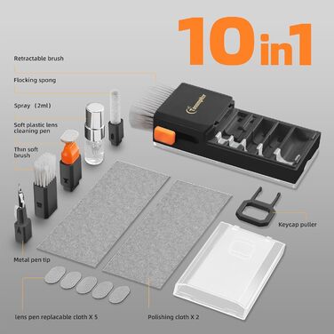 Набір для чищення клавіатури та електроніки, 6-в-1: клавіатура, ноутбук, iPhone, iPad, камера, AirPods. Компактний набір з спреєм та щіткою для екранів. Чорний колір