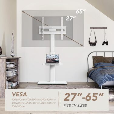 Adjustable TV Stand for 32-65 inch TVs - Swivel & Tilt, 2-Tier Shelves, VESA 400x400, 35kg Capacity (White)