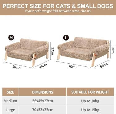 MEWOOFUN Elevated Cat Bed Sofa made of Wood, Sturdy Large Cat Sofa – Fashionable Cat Stool with Removable Mattress Cover. Supports up to 10 kg (70x53cm, Light Brown)