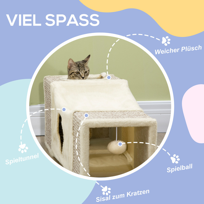 PawHut Cat Tunnel with Play Ball, Cat Toy, Sisal Play Tunnel, Brown+Beige, 98x30x30 cm | Aosom