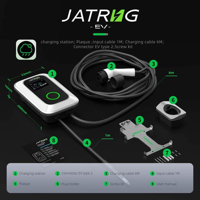 Зарядна станція для електромобіля 11 кВт, 32A, Type 2, WiFi, APP - EV Wallbox 230V (6м)