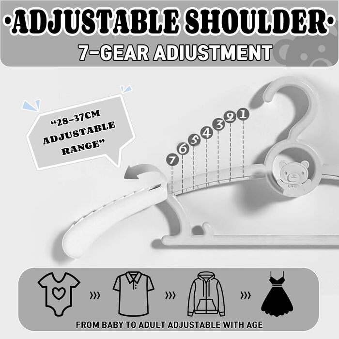 Вішалки для дитячого одягу HGYZE, 20 шт., 29-37 см, з підвішуванням для штанів, пластикові, стакові, регульовані, сірі та білі